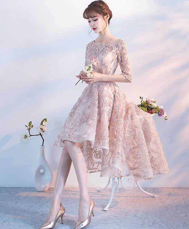 Champagne 1/2 Sleeve High Low Short Prom Dress, Homecoming Dress - Deanwangkt