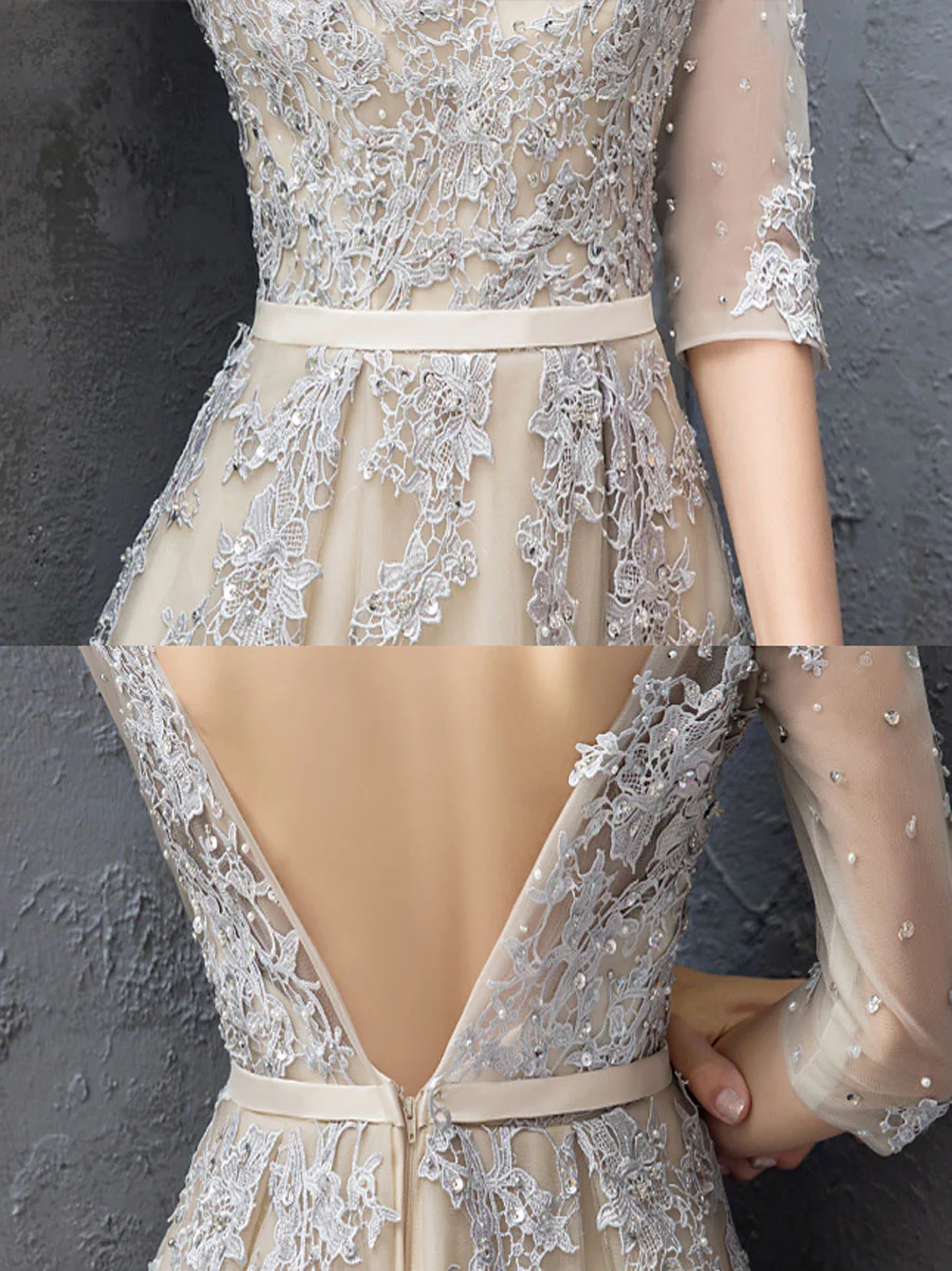 Champagne Round Neck Tulle Lace Long Prom Dress Lace Evening Dress - Deanwangkt