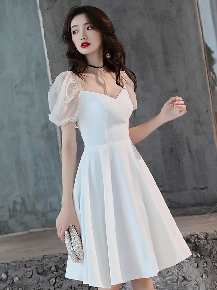 White Satin Short Prom Dress, White Homecoming Dress - Deanwangkt