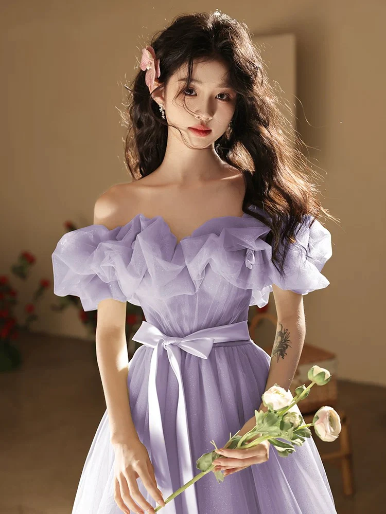 A-Line Off Shoulder Tulle Purple Long Prom Dress, Purple Long Formal Dress - Deanwangkt