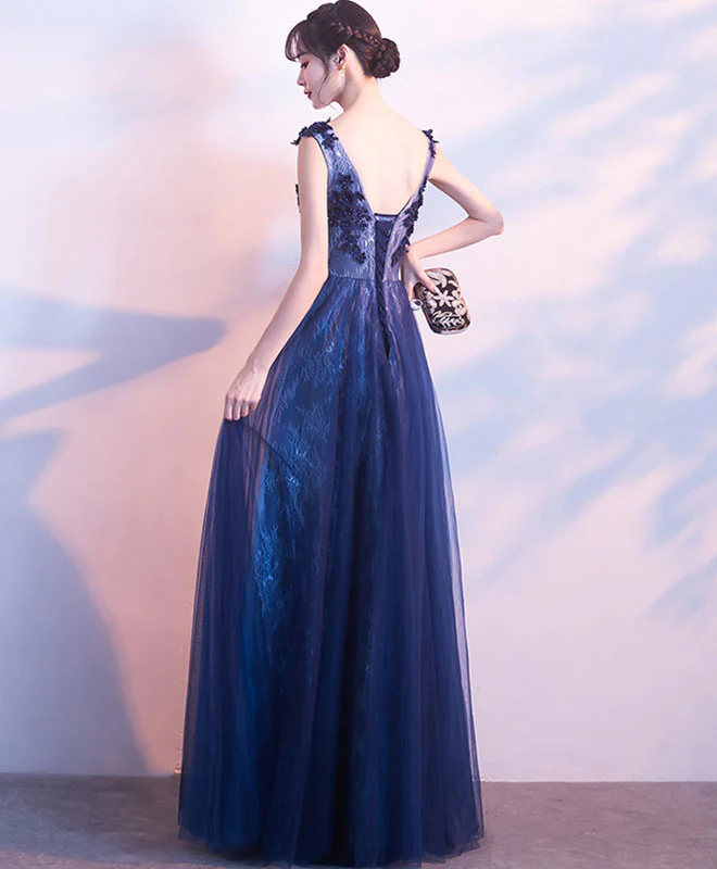 Dark Blue Lace Long Prom Dress, Lace Evening Dress - Deanwangkt