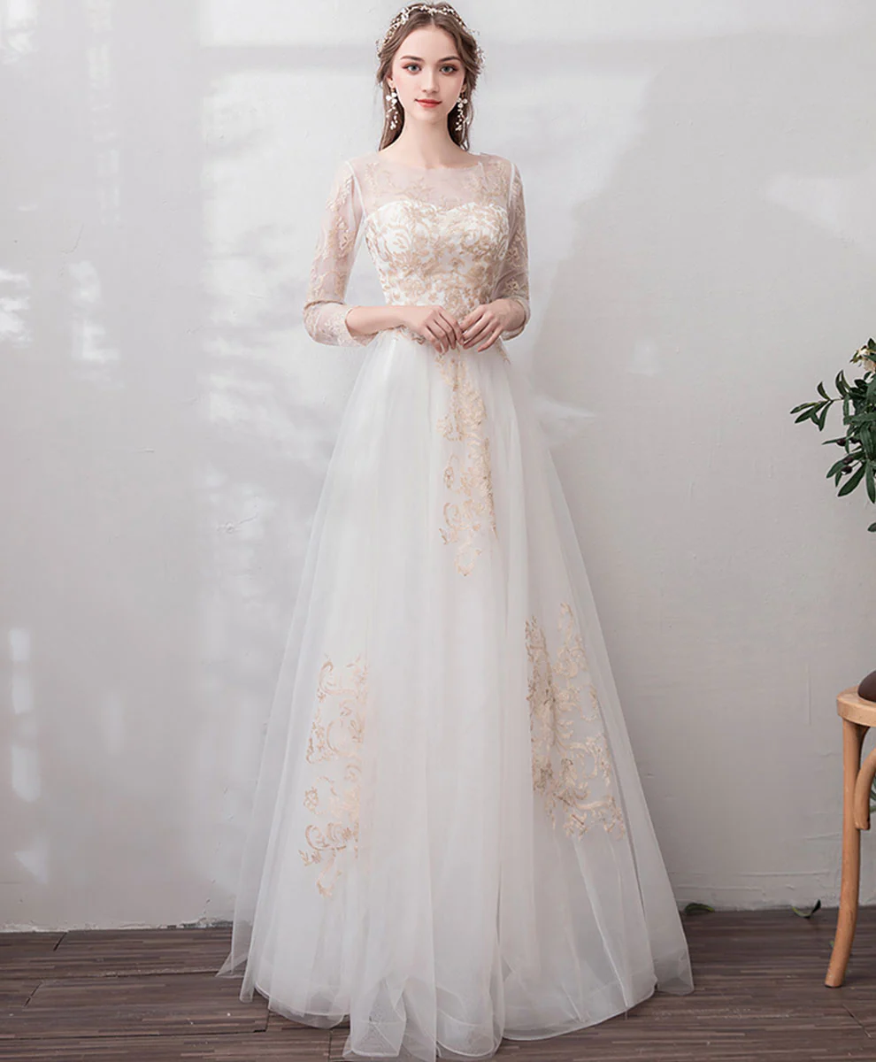 White Round Neck Tulle Lace Long Prom Dress Lace Formal Dress - Deanwangkt