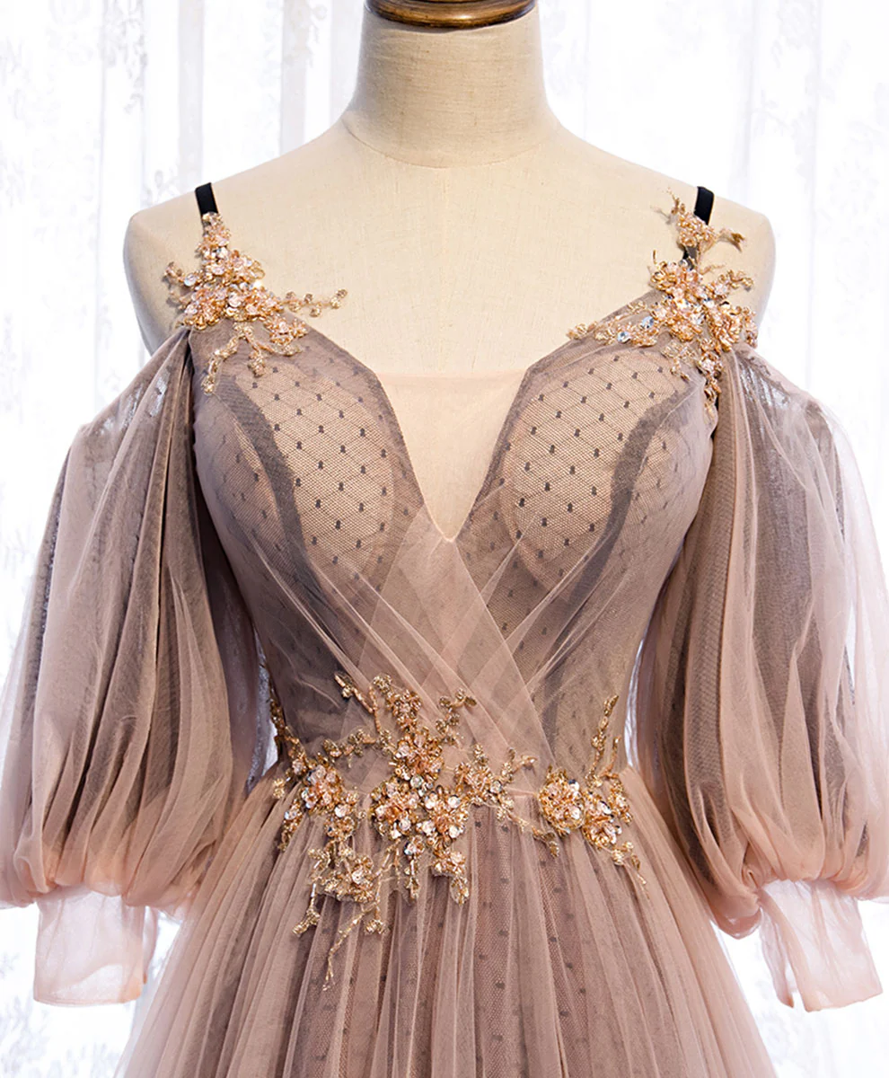 Pink V Neck Tulle Lace Long Prom Dress Pink Tulle Formal Dress - Deanwangkt