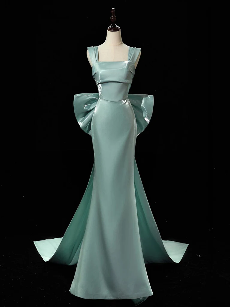 Simple hydra Satin Bow Tie Green Long Prom Dress, Green Long Formal Dress - Deanwangkt
