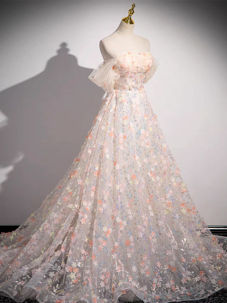 A-Line Off Shoulder Tulle Lace Champagne Long Prom Dress, Champagne Formal Dress - Deanwangkt