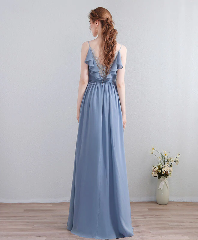 Blue V Neck Chiffon Lace Long Prom Dress, Evening Dress - Deanwangkt