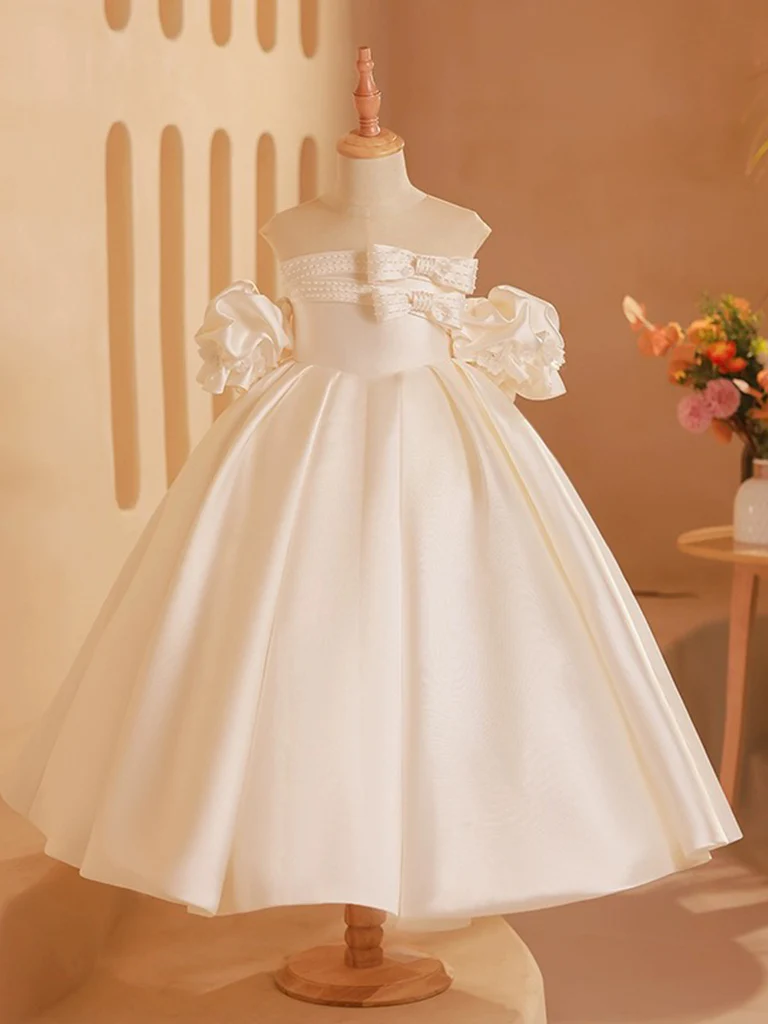 Cute Satin Beige Tea Length Flower Girl Dress - Deanwangkt
