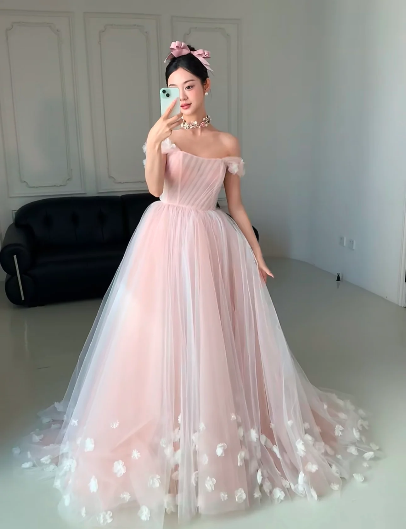 A-Line Off Shoulder Tulle Flower Pink Long Prom Dress, Pink Long Evening Dress - Deanwangkt
