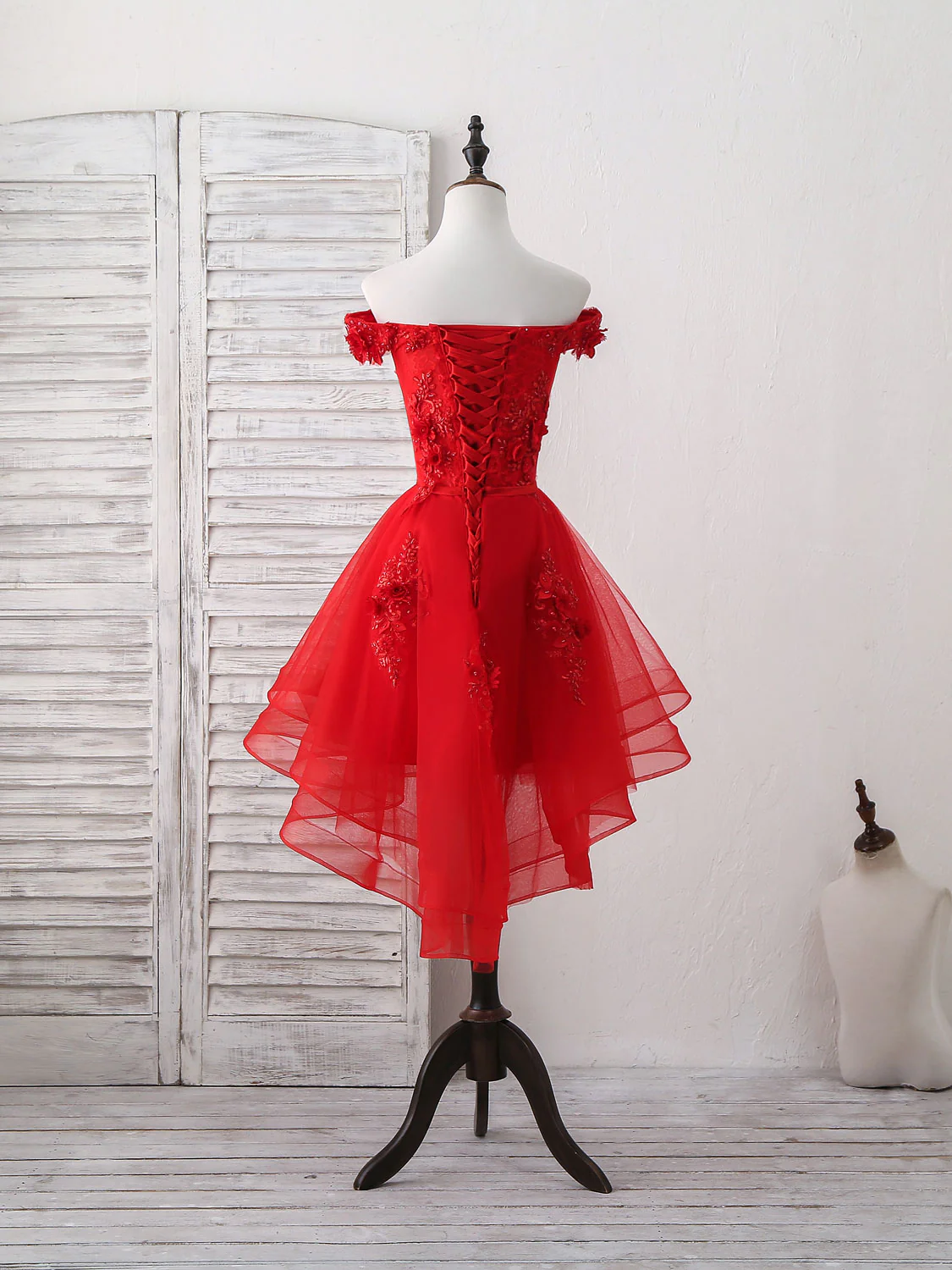 Red Tulle Lace Off Shoulder Short Prom Dress, Red Homecoming Dress - Deanwangkt