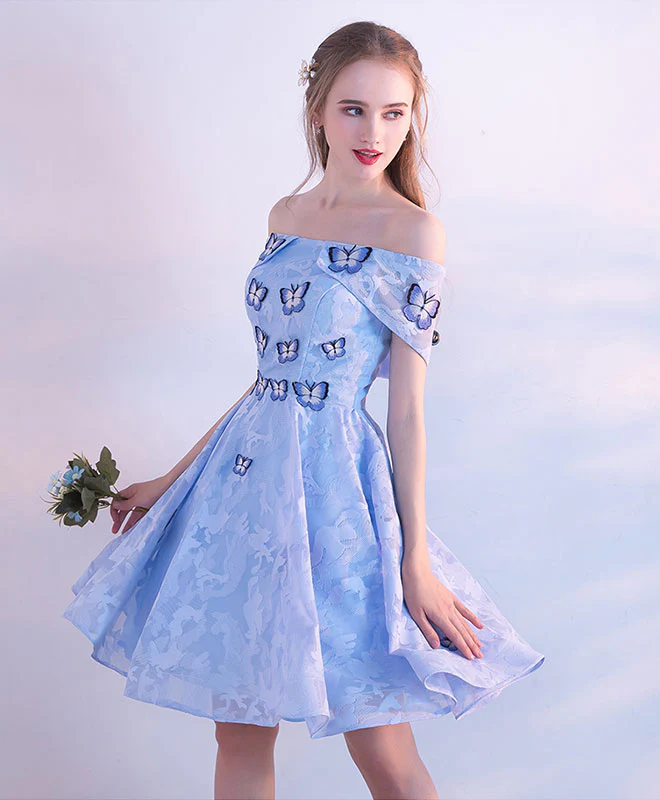 Blue Lace Short Prom Dress, Blue Cute Homecoming Dress - Deanwangkt