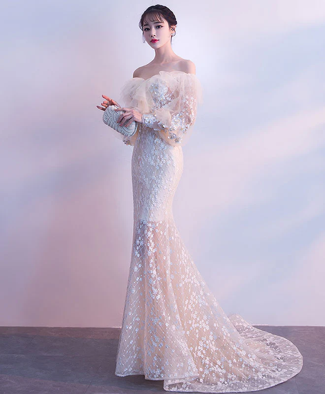 Champagne Tulle Lace Mermaid Long Prom Dress, Tulle Lace Evening Dress - Deanwangkt