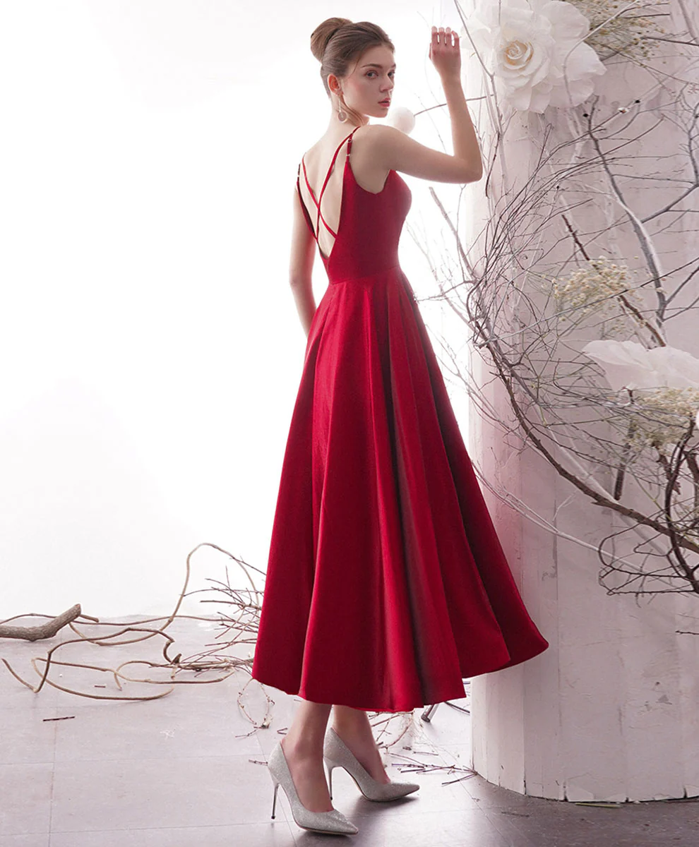 Simple Red Satin Tea Length Prom Dress, Red Homecoming Dresses - Deanwangkt