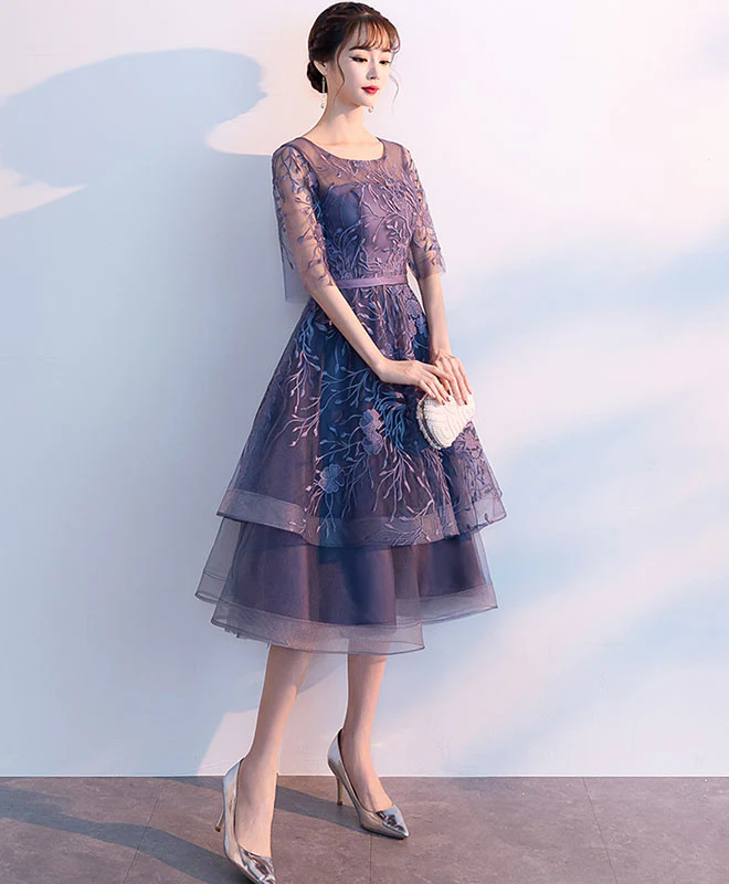 Purple Tulle Lace Short Prom Dresses, Scoop Neck Lace Purple Homecoming Dresses - Deanwangkt