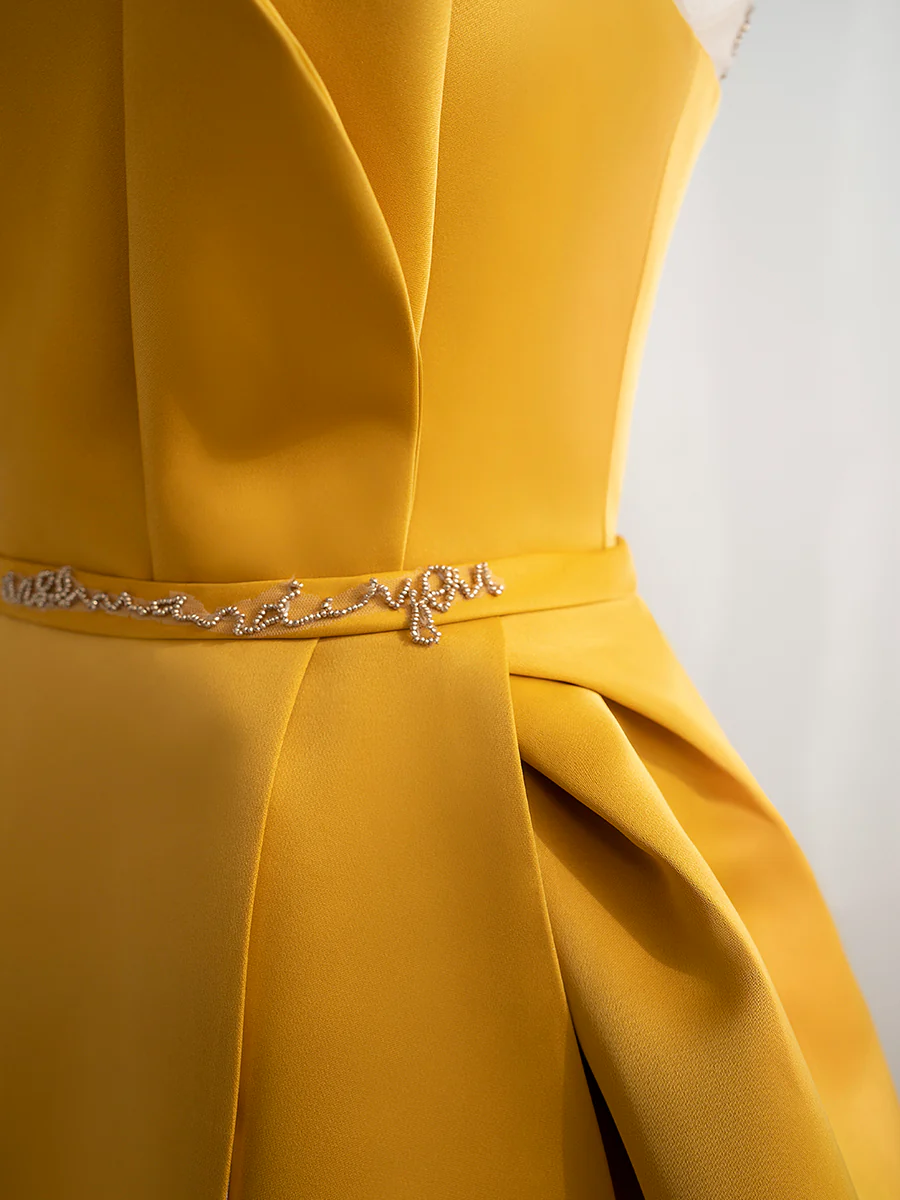 Scoop Neckline Satin Yellow Long Prom Dresses, Yellow Formal with Beading Sequin - Deanwangkt