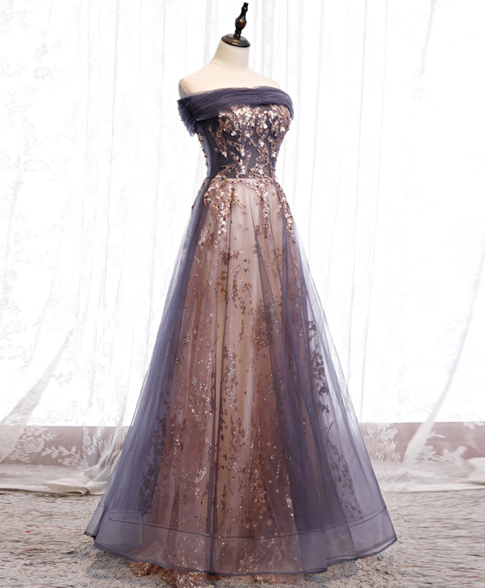 Unique Tulle Off Shoulder Lace Long Prom Dress Lace Formal Dress - Deanwangkt