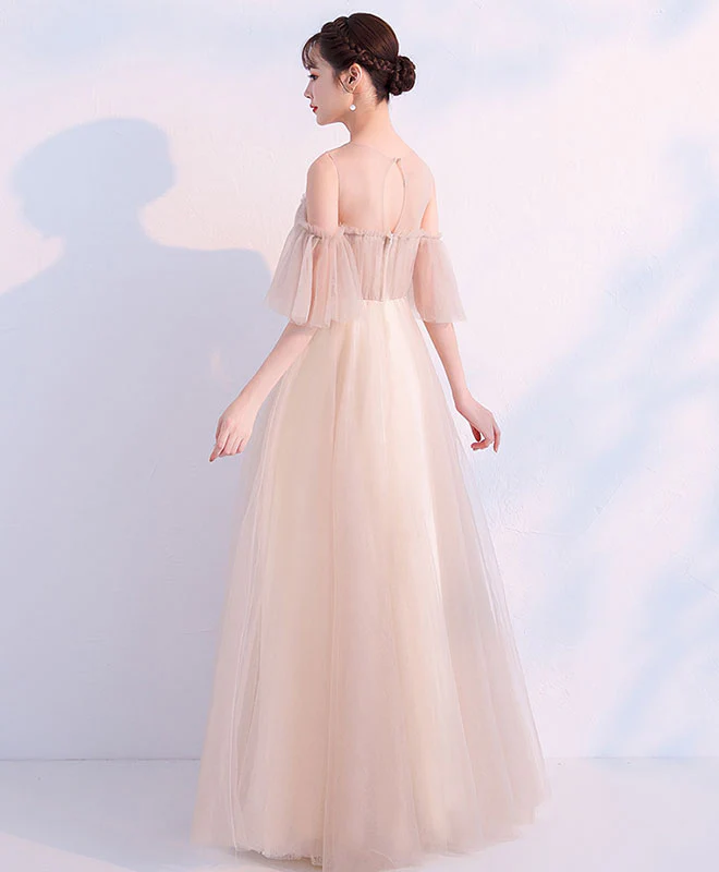 Champagne Round Neck Tulle Long Prom Dress, Champagne Tulle Evening Dress - Deanwangkt
