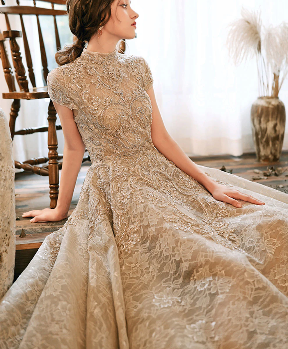 Champagne High Neck Lace Prom Dress, Champagne Lace Formal Dress - Deanwangkt