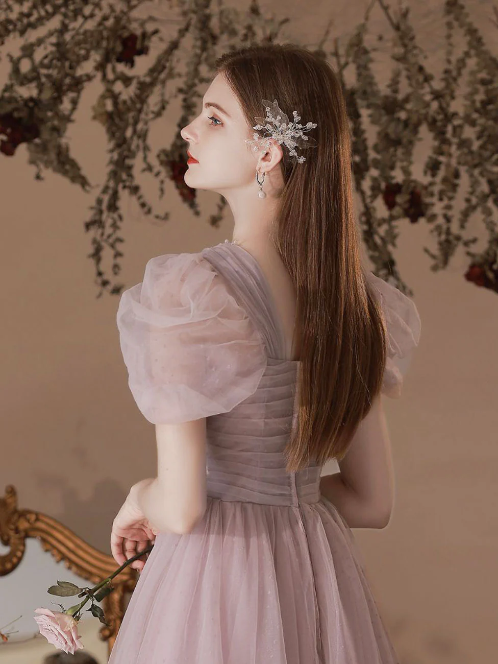 A-Line Pink Tulle Beading Long Prom Dress, Pink Formal Evening Dresses - Deanwangkt