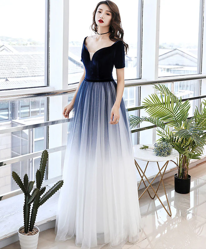Simple Blue Tulle Long Prom Dress Blue Tulle Evening Dress - Deanwangkt