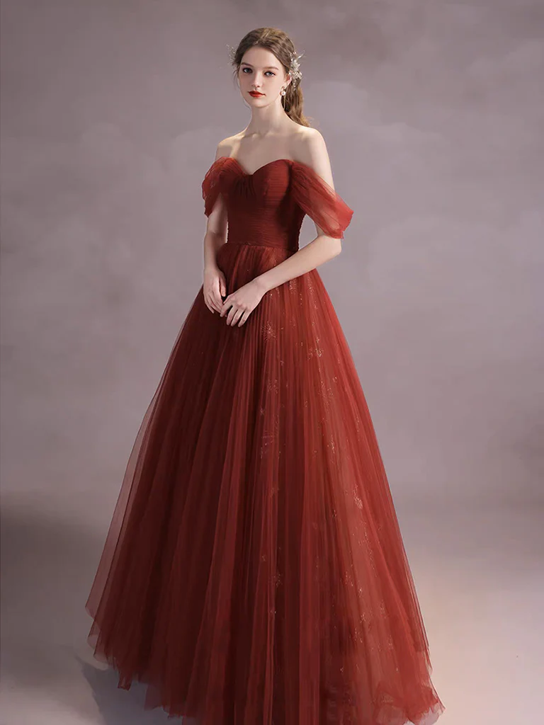 A-Line Off Shoulder Tulle Burgundy Long Prom Dress, Burgundy Long Formal Dress - Deanwangkt