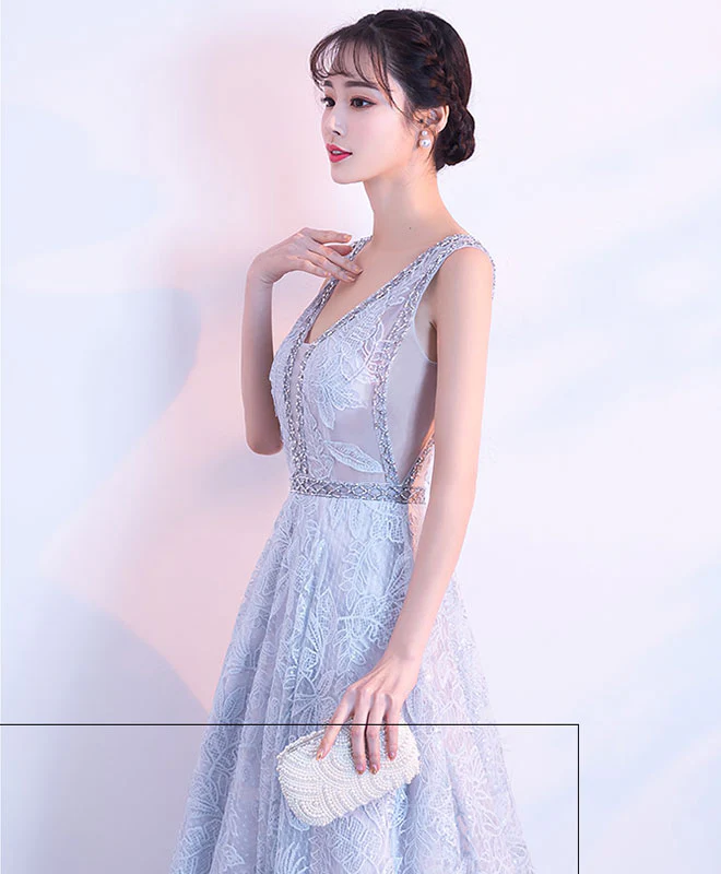 Gray V Neck Lace Long Prom Dress, Gray Evening Dress - Deanwangkt