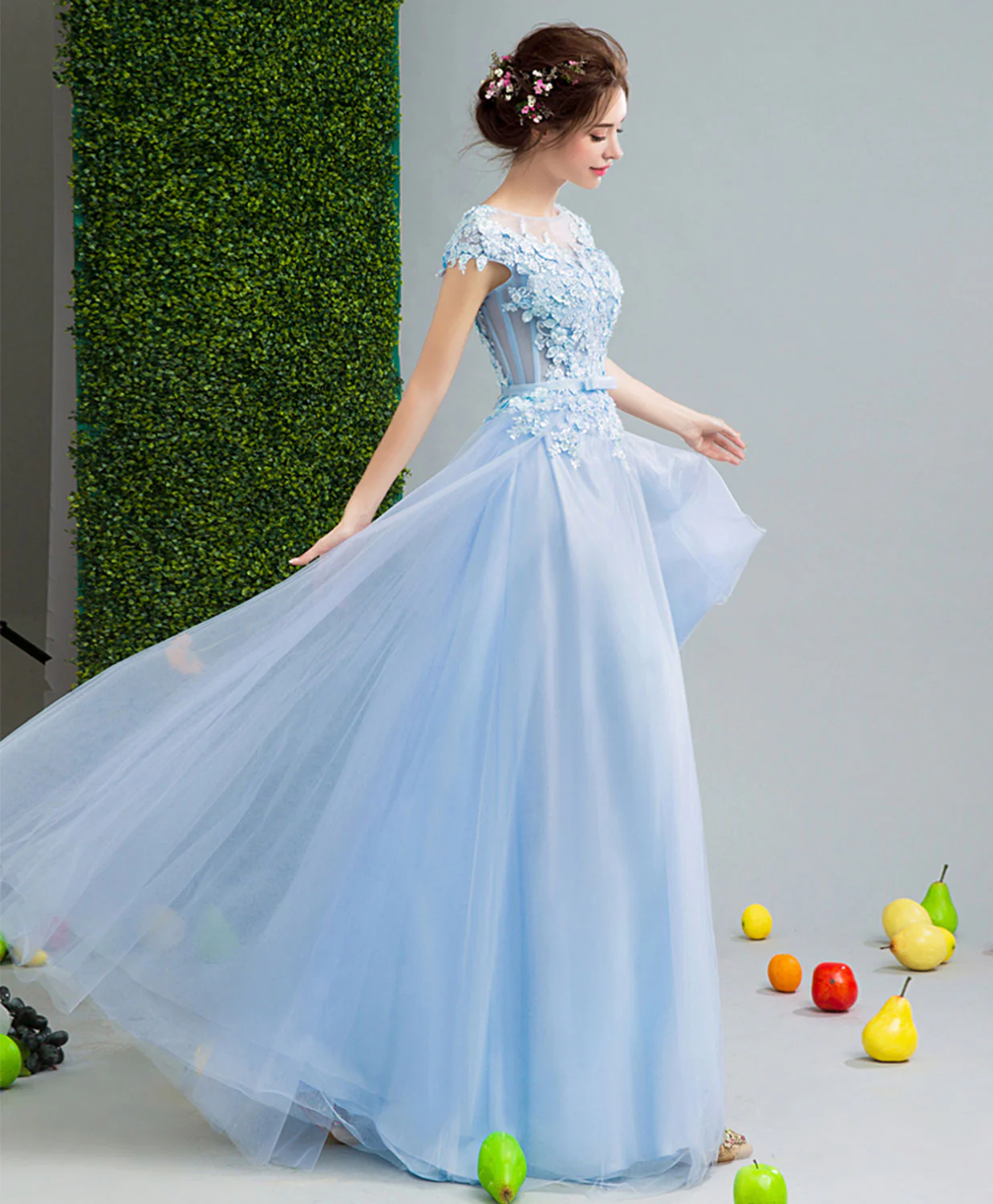 Sky Blue Lace Tulle Long Prom Dress, Lace Evening Dress - Deanwangkt