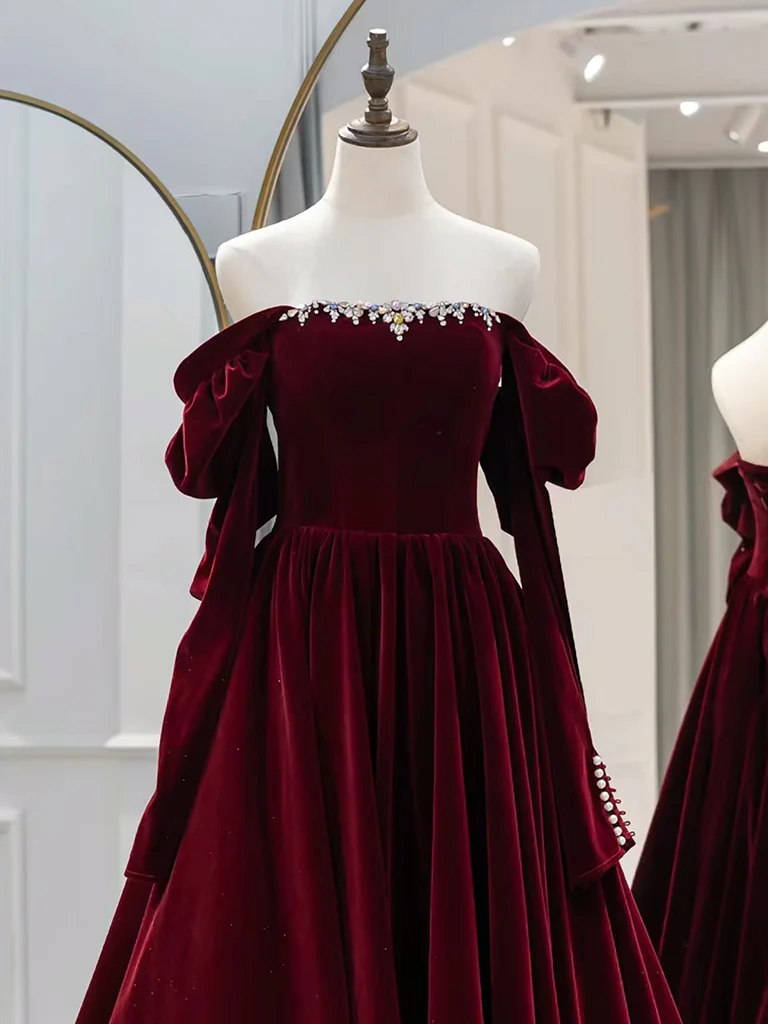 A-Line Long Sleeves Velvet Burgundy Long Prom Dress, Burgundy Long Evening Dress with Beads - Deanwangkt