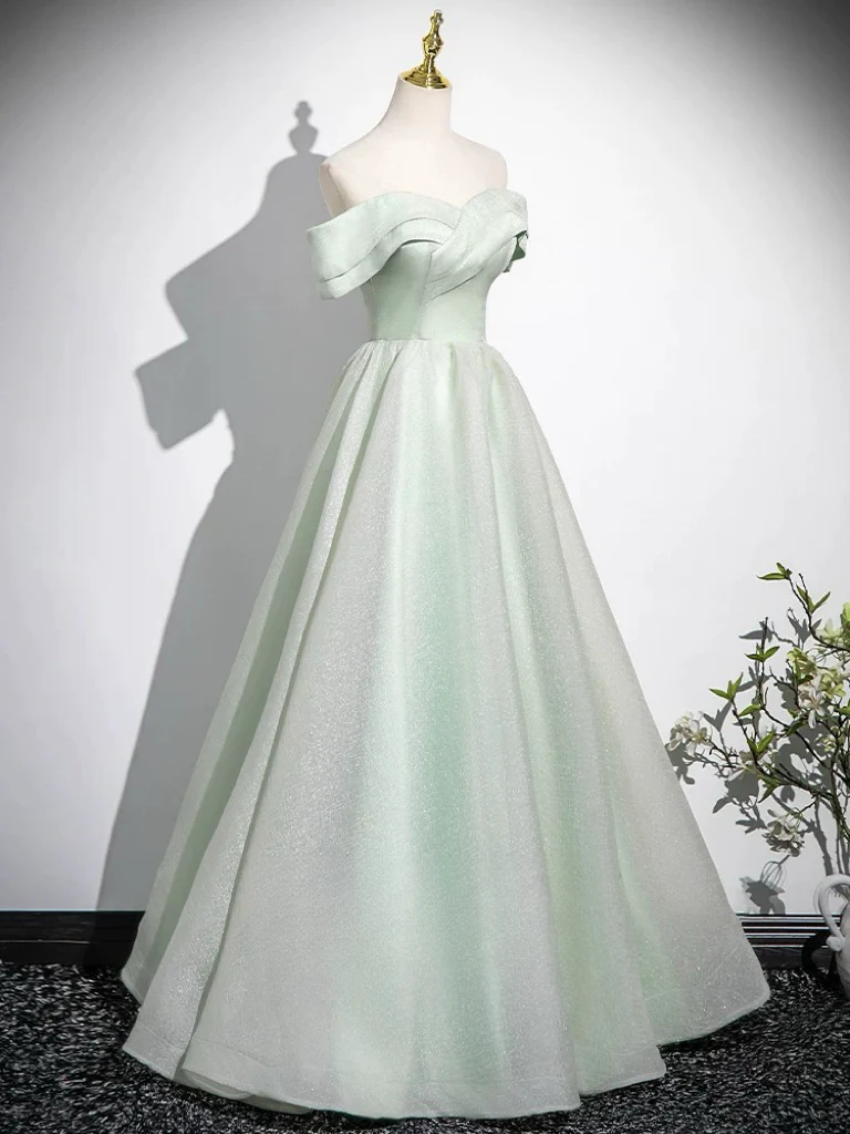 A-Line Off Shoulder Tulle Green Long Prom Dress, Green Long Formal Dress - Deanwangkt
