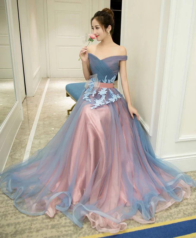 Gray Blue Tulle Off Shoulder Long Prom Dress, Gray Blue Evening Dress - Deanwangkt
