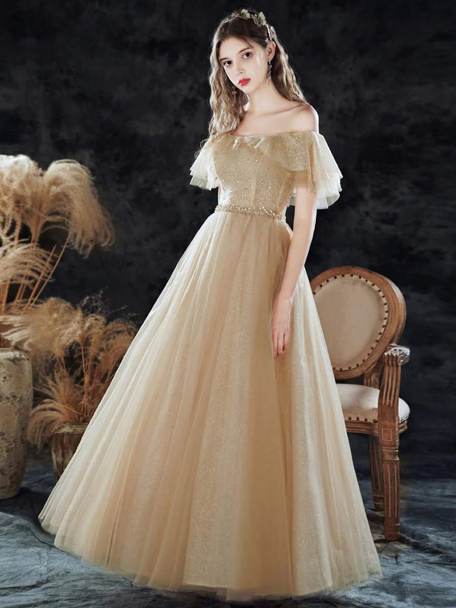 Simple Champagne Tulle Sequin Long Prom Dress, A Line Tulle Evening Dress - Deanwangkt