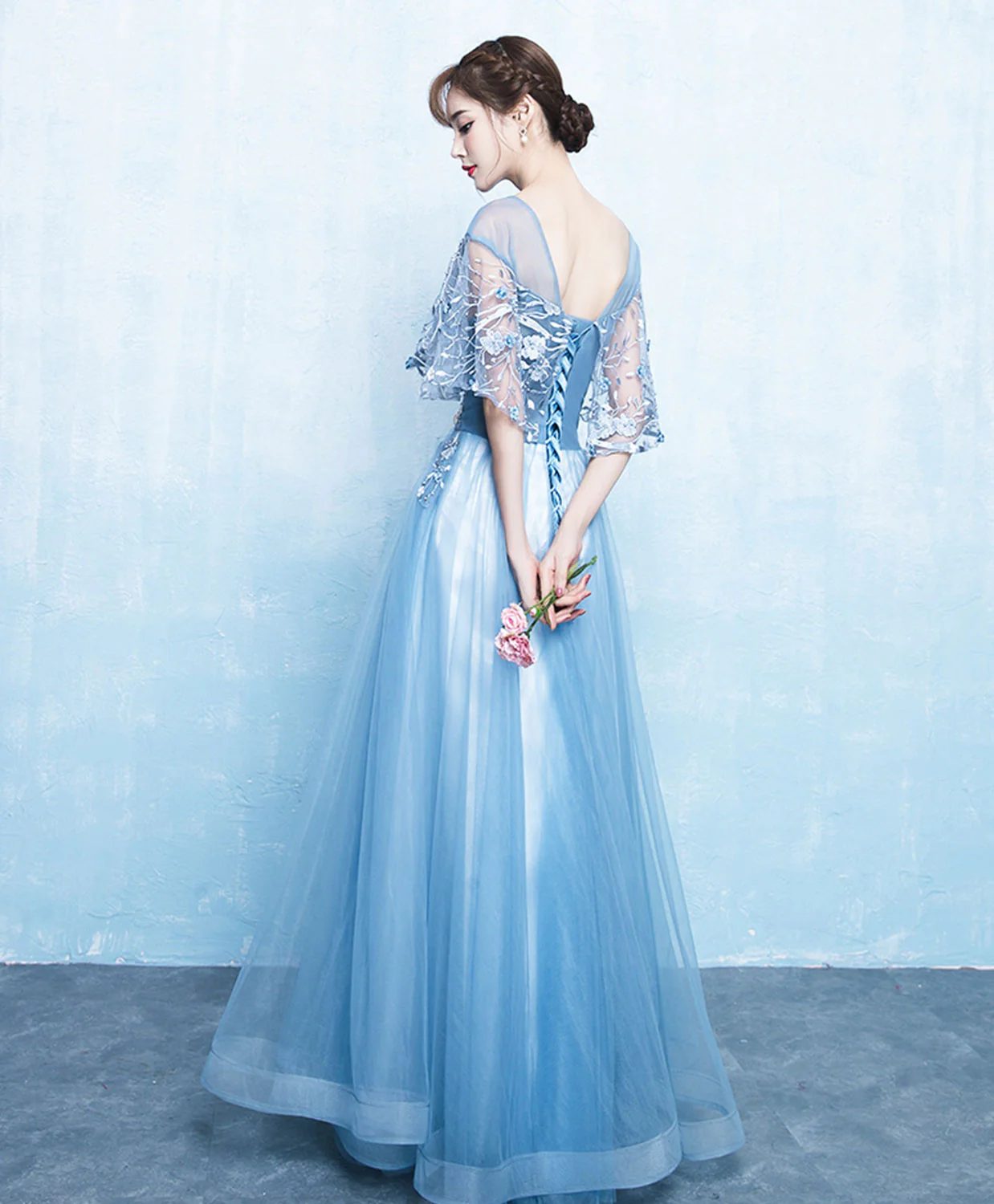 Blue Tulle Lace Long Prom Dress, Blue Tulle Evening Dress - Deanwangkt