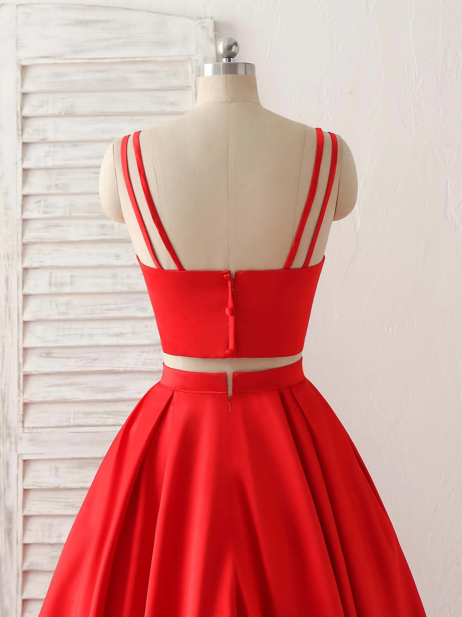 Red Two Pieces Satin Long Prom Dress Simple Red Evening Dress - Deanwangkt