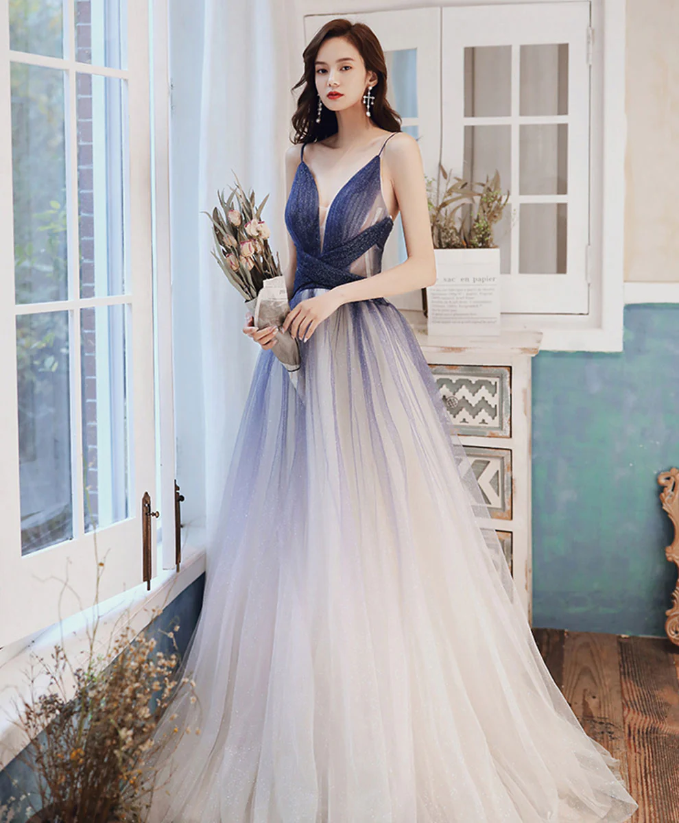 Blue V Neck Tulle Long Prom Dress Blue Tulle Evening Dress - Deanwangkt