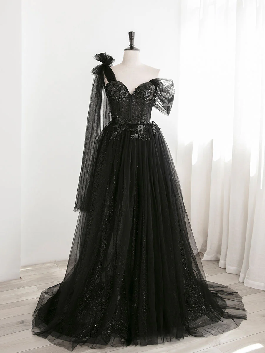 Black A line one Shoulder Tulle Long Prom Dresses, Black Tulle Formal Dresses - Deanwangkt