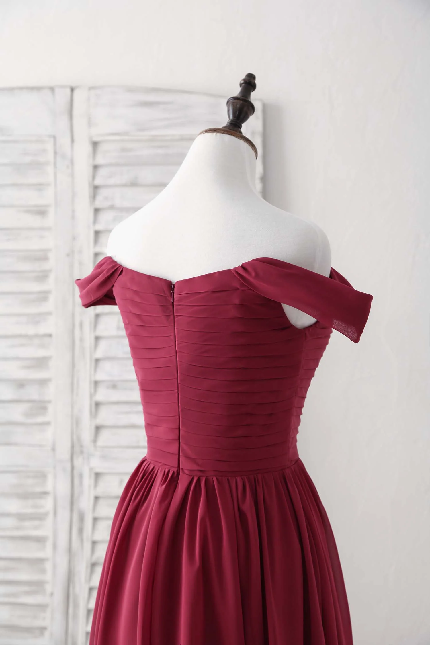 Burgundy Chiffon Off Shoulder Long Prom Dress Burgundy Bridesmaid Dress - Deanwangkt