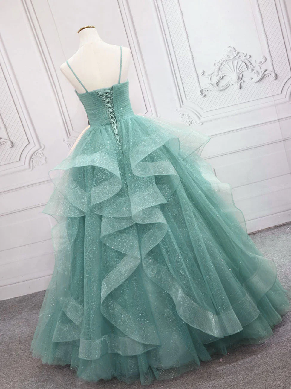 Green V Neck Tulle Long Prom Dress, Green Sweet 16 Dress - Deanwangkt