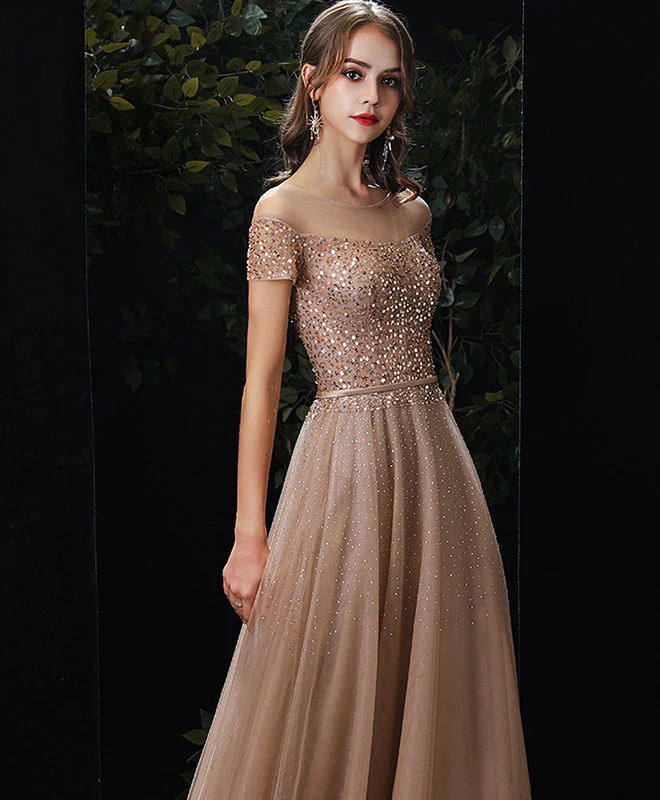 Gold Tulle Sequin Long Prom Dress, Champagne Tulle Formal Graduation Dress - Deanwangkt