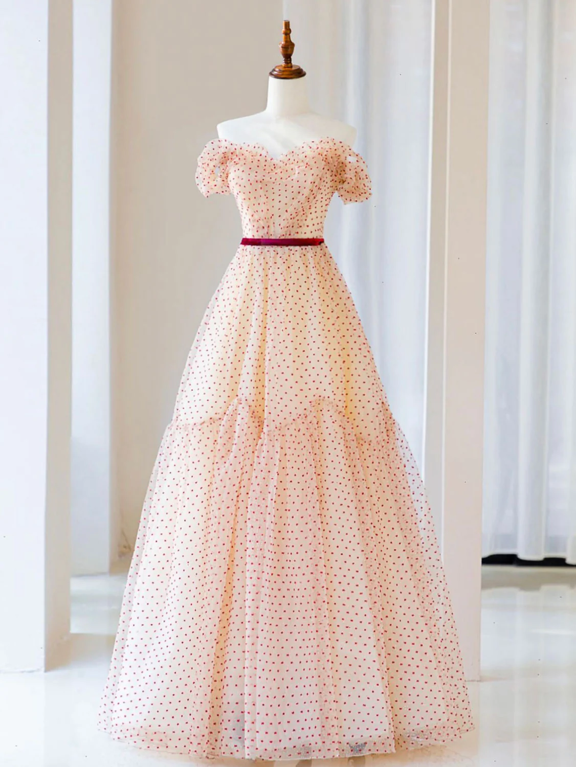 A-Line Off Shoulder Tulle Long Prom Dress, Champagne Formal Dress - Deanwangkt