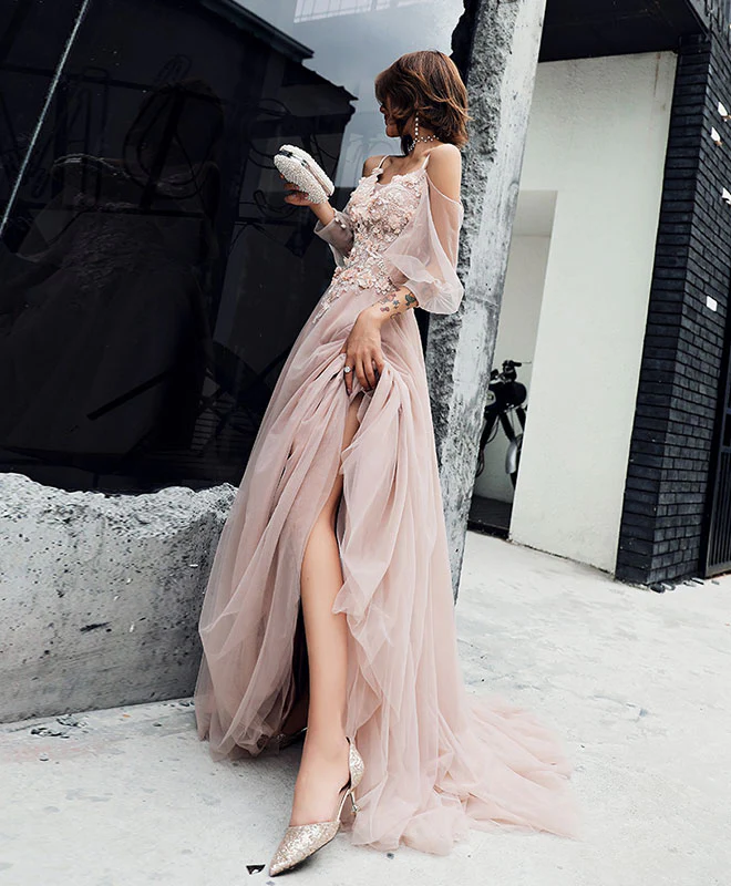 Champagne Tulle Lace Long Prom Dress, Champagne Evening Dress - Deanwangkt