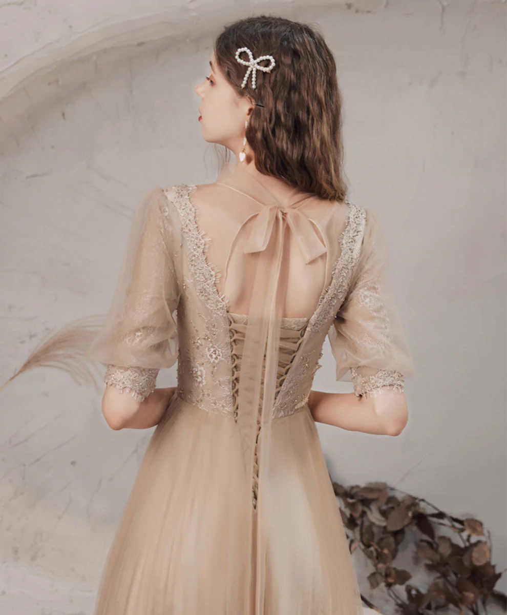 Champagne High Neck Tulle Lace Long Prom Dress, Champagne Graduation Dress - Deanwangkt