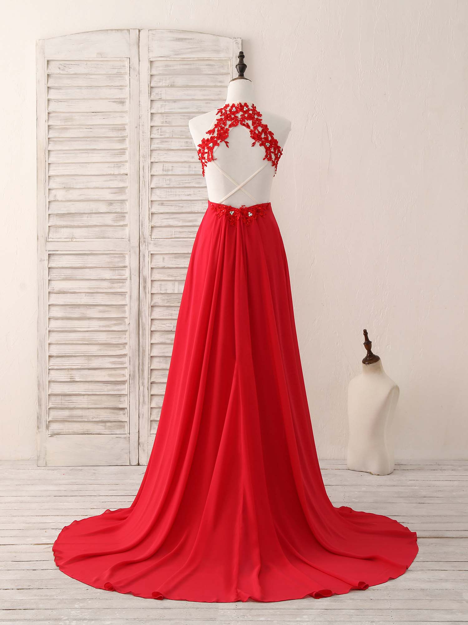 Red Hight Neck Chiffon Lace Applique Long Prom Dress, Red Formal Dress - Deanwangkt