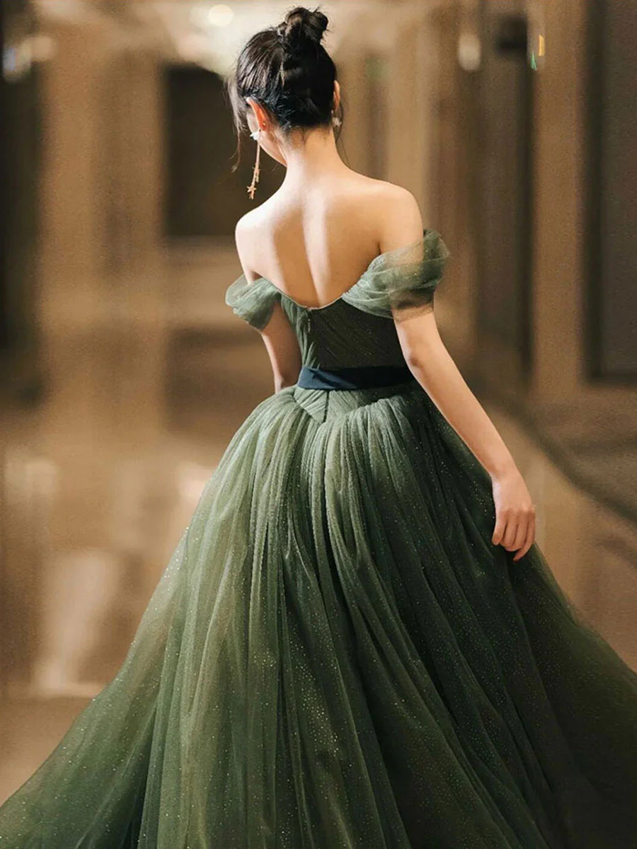 Simple Green Sweetheart Tulle Long Prom Dress, Green Formal Dresses - Deanwangkt
