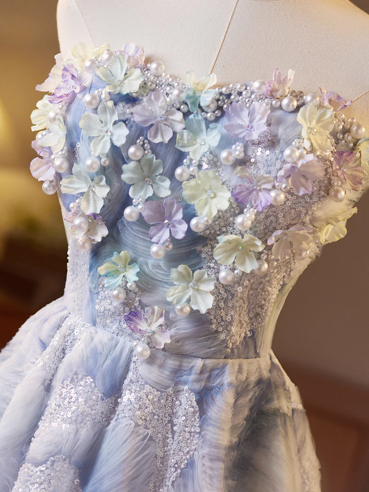 A-Line Sweetheart Neck Flower Blue Long Prom Dress, Blue Evening Dress - Deanwangkt