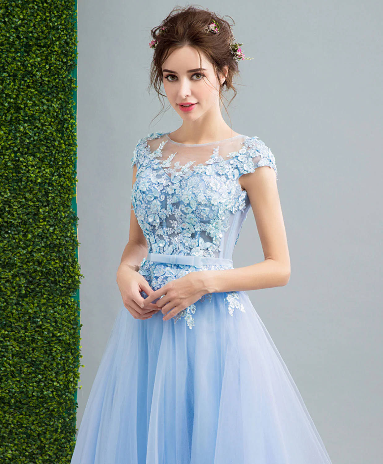 Sky Blue Lace Tulle Long Prom Dress, Lace Evening Dress - Deanwangkt