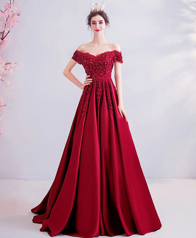 Burgundy Off Shoulder Lace Satin Long Prom Dress Burgundy Evening Dress - Deanwangkt