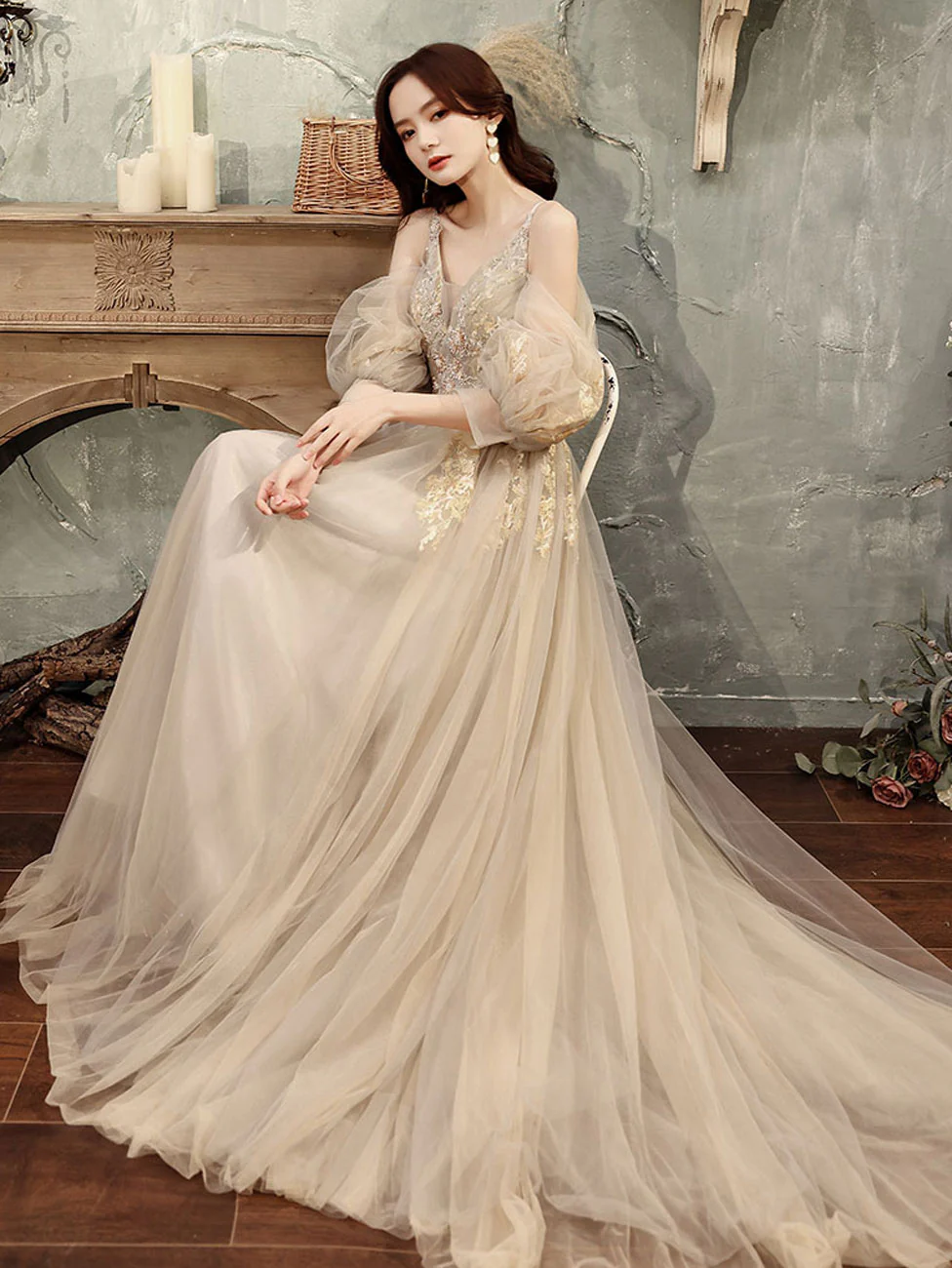 Champagne Tulle Lace Long Prom Dress, Champagne Formal Dresses - Deanwangkt