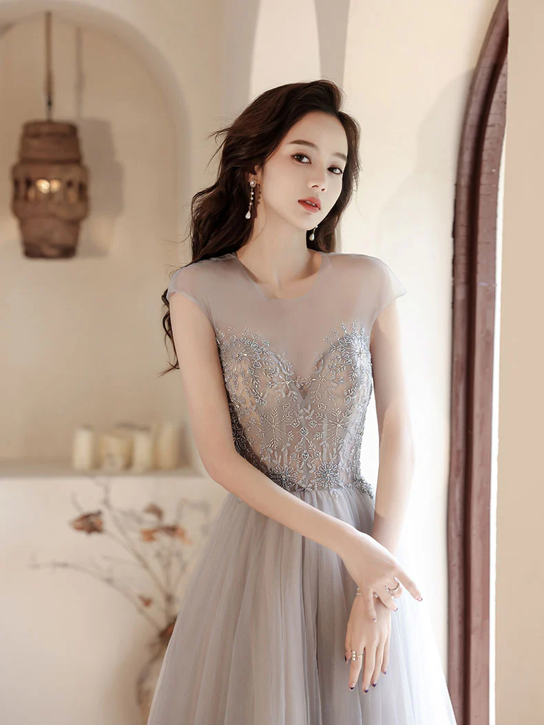 Champagne Round Neck Tulle Beads Long Prom Dress, Champagne Evening Dress - Deanwangkt