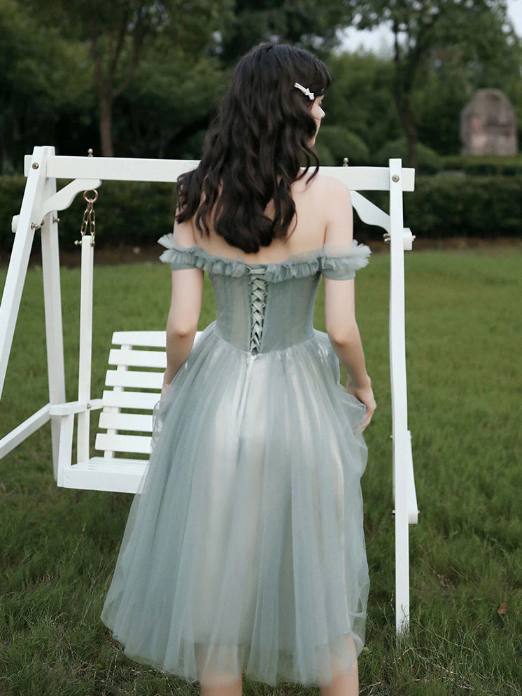 Gray Green Tulle Lace Short Prom Dresses, Gray Tulle Bridesmaid Dress - Deanwangkt