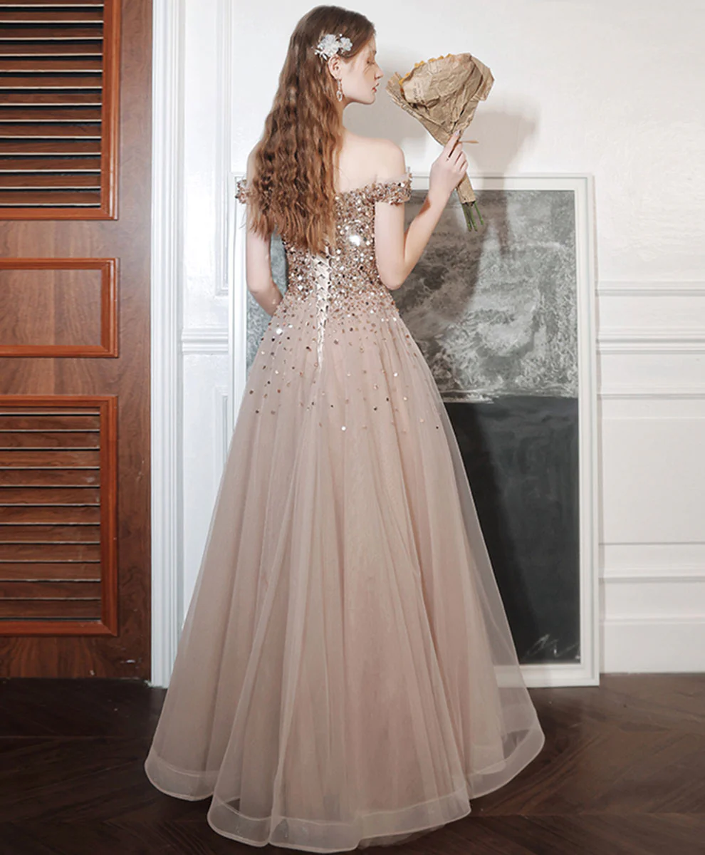 Champagne A line Long Prom Dress, Off Shoulder Champagne Formal Dress with Beading Sequin - Deanwangkt