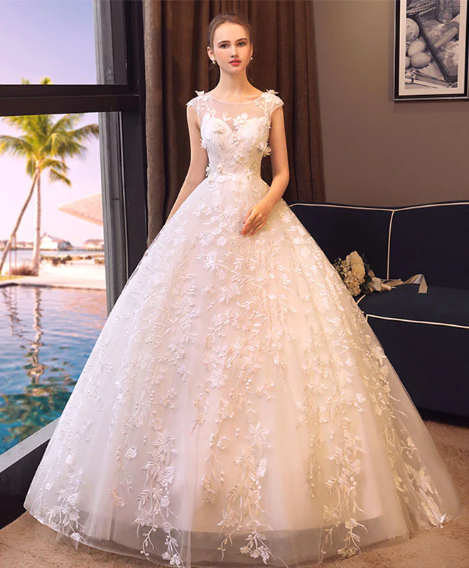White Round Neck Lace Tulle Long Prom Dress, Wedding Dress - Deanwangkt